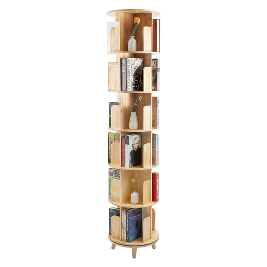 HAOREBAIYU 6-Tier Rotating Pine Wood Bookshelf - Multi-Functional 360° Revolving Storage Rack for Home & Office - WoodArtSupply