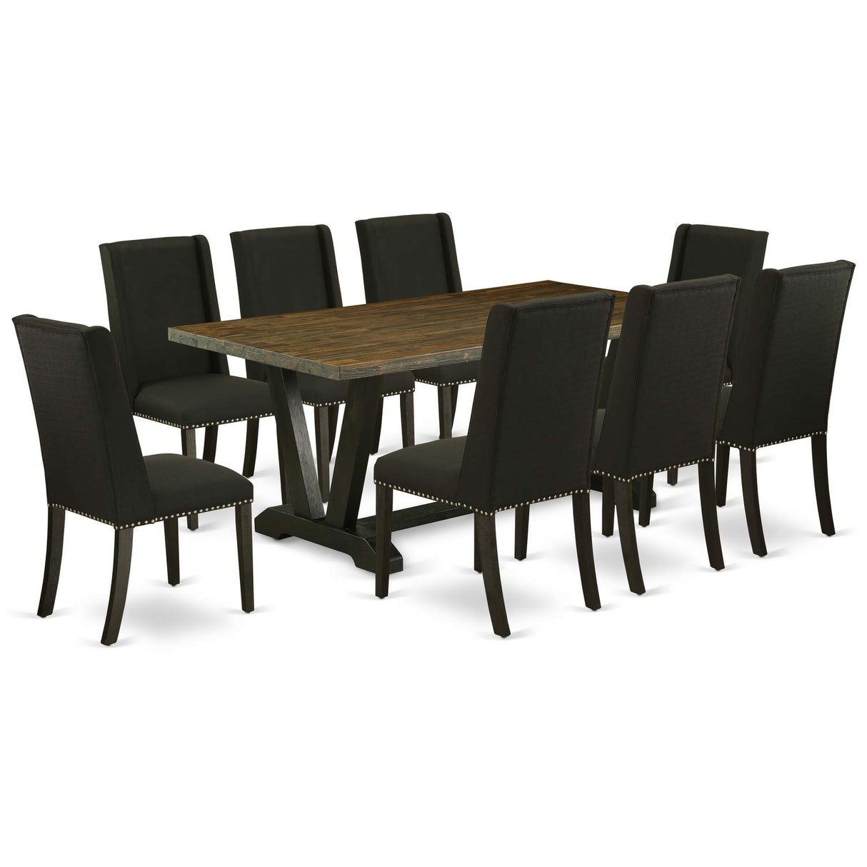 East West Furniture V-Style 9 Piece Kitchen Set Includes a Rectangle Table with V-Legs and 8 Black Linen Fabric Parsons Dining Chairs, 40x72 Inch, V677FL624-9 East West Furniture