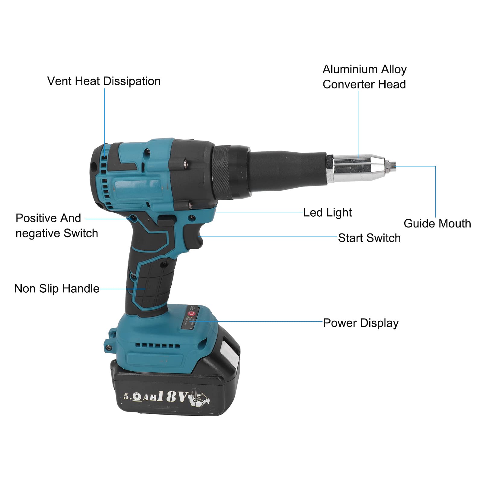 Vvikizy 18V Blue Cordless Brushless Electric Rivet Gun Cordless Rivet Gun LED Automatic Rivet Nut Hand Tool for BL1815 Battery 3.2-4.8mm - WoodArtSupply