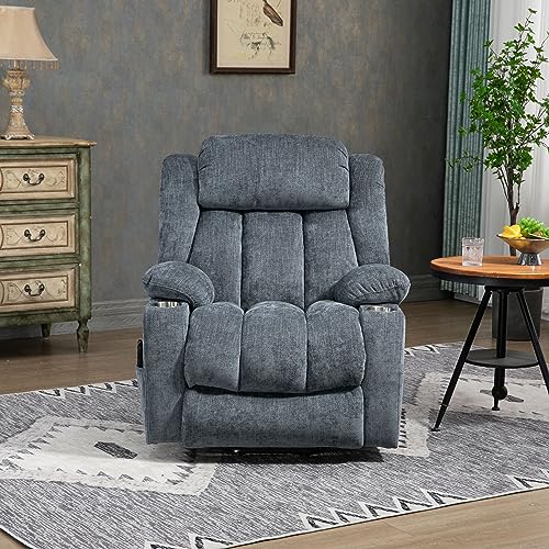 Trustyue Power Lift Chair with Full-Body Massage and Heat, Electric Recliner Chairs for Adults, Remote Control, Standing Assistance, USB Ports, Stainless Steel Cup Holders, Chenille Blue Trustyue