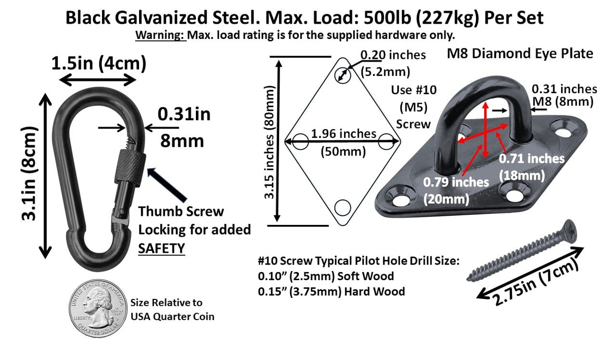 Branded Boards Heavy Duty Black or Silver 1000lb Load Hammock Hanging Kits with Locking Carabiner Snap Hooks, for Trees, Ceilings, Walls, Porches, Posts (Diamond-Plate-Hammock-Kit-Black) Branded Boards