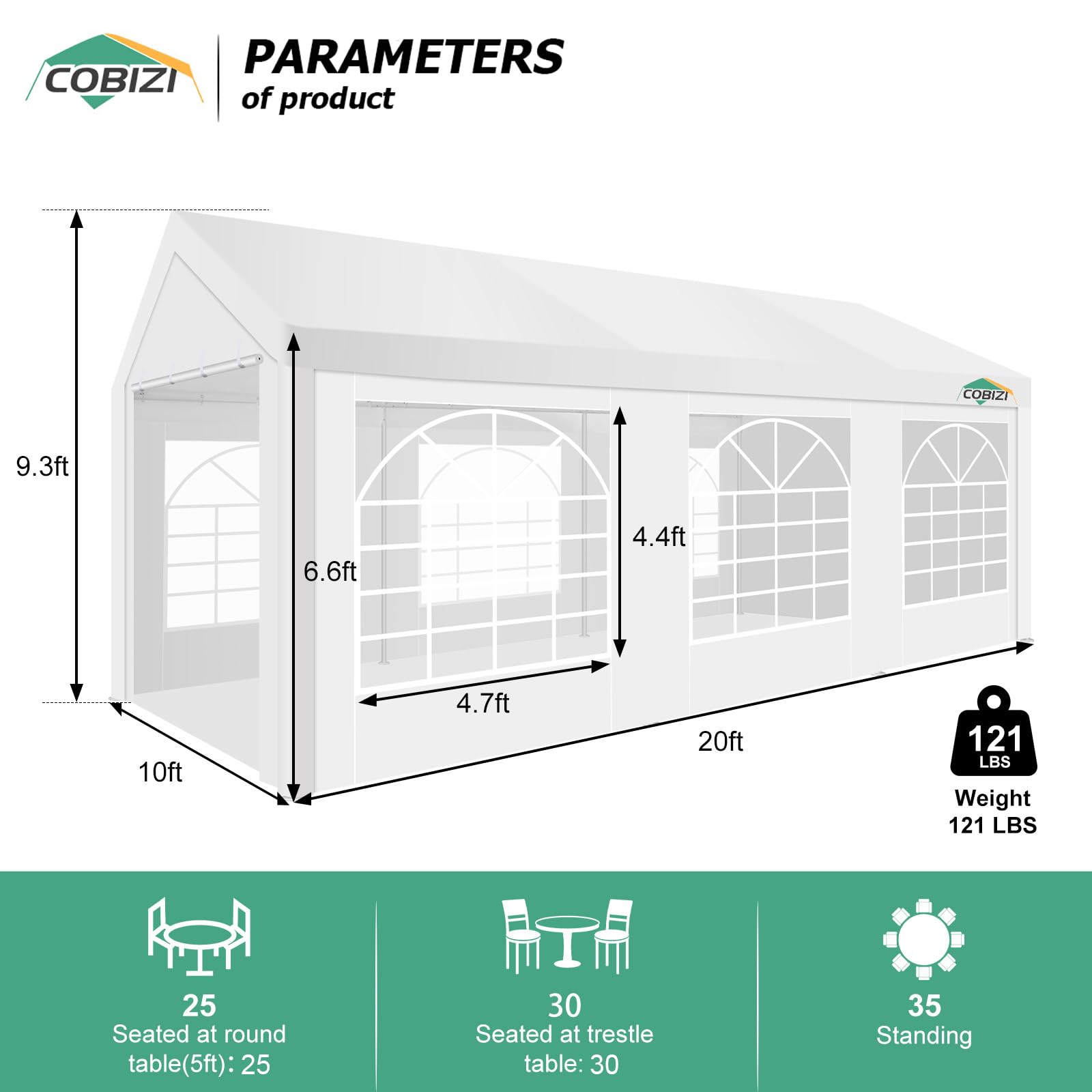 COBIZI 10x20ft Party Tent Heavy Duty, Wedding Tent, Event Tent for Parties, Carpas para Fiestas with 4 Removable Sidewalls, 10x20 Tent with Built-in Sandbag, UV50+, Waterproof, Carport, White - WoodArtSupply