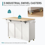 RALGEND Kitchen Island with Storage, Kitchen Cart with Charging Station, Rolling Kitchen Island Table with Drop-Leaf, 3 Drawers, Barn Doors, Towel Rack and Spice Rack, White and Natural RALGEND