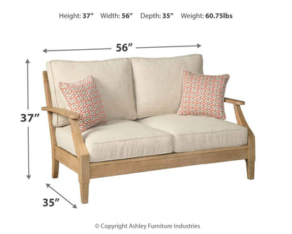 Signature Design by Ashley Clare View Coastal Outdoor Patio Eucalyptus Loveseat with Cushions, Beige - WoodArtSupply