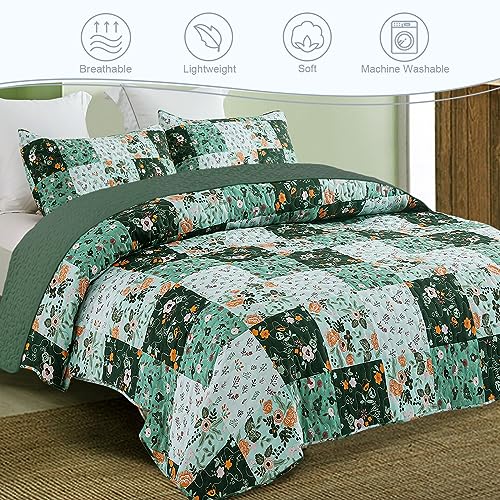Exclusivo Mezcla Reversible Boho Quilts Twin Size, Green Bedspreads Lightweight Coverlet All Season Patchwork Quilt Bedding Set with Printed Floral Pattern (1 Quilt, 1 Pillow Sham) Exclusivo Mezcla