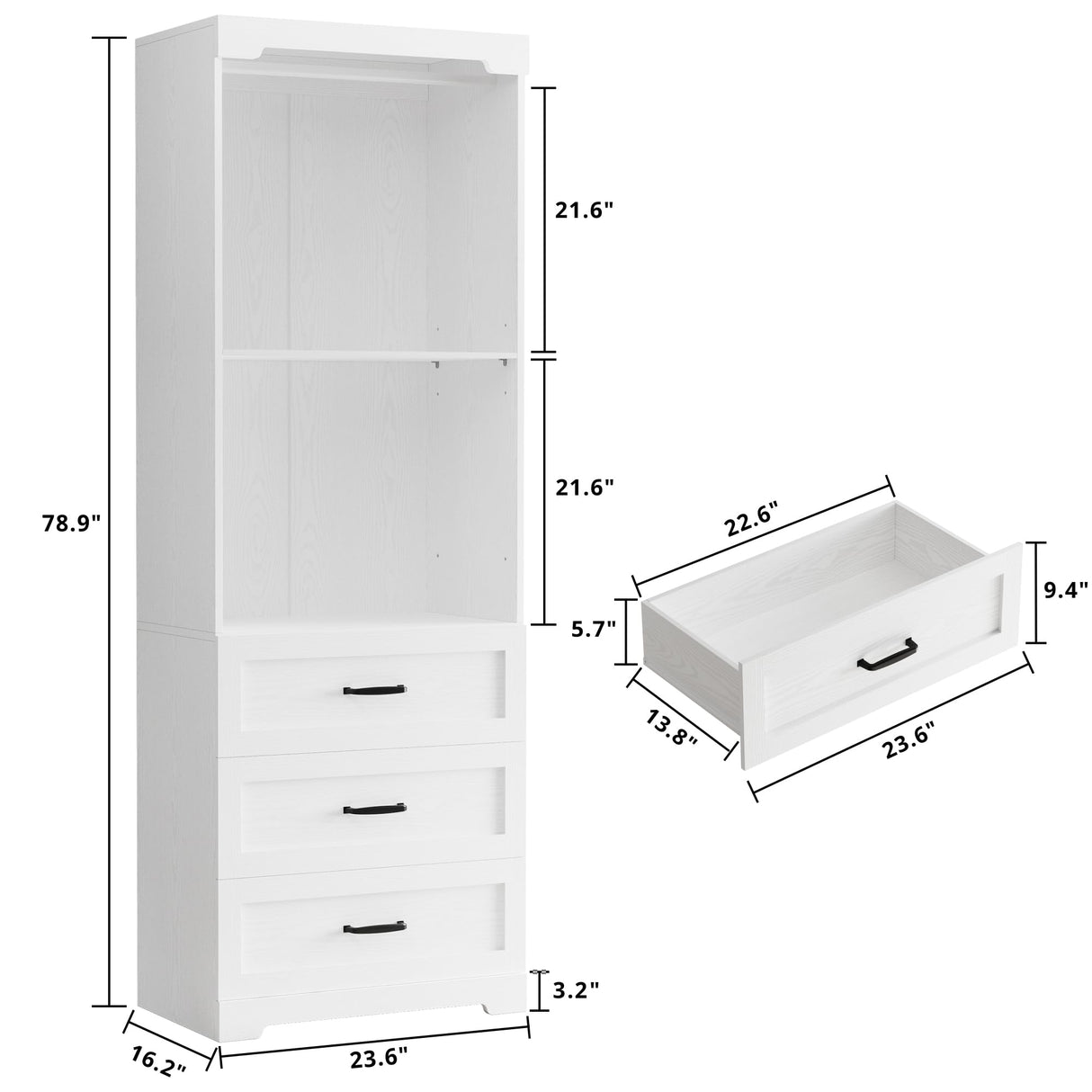 IRONCK Freestanding Closet System with 3 Wood Drawers, Modern Armoire Wardrobe with Adjustable Shelves & Hanging Rod, Walk-in Closet Systems Organizer for Small Closet, White IRONCK