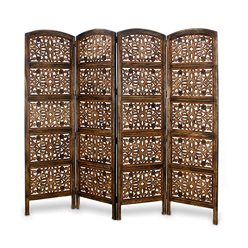 Room Divider Wood Screen - Rajasthan Antique Brown - 4 Panel Folding 72 x 80 - Intricate Hand Carved Decorative Functional Versatile Portable Partition Reversible Freestanding Privacy - COTTON CRAFT COTTON CRAFT