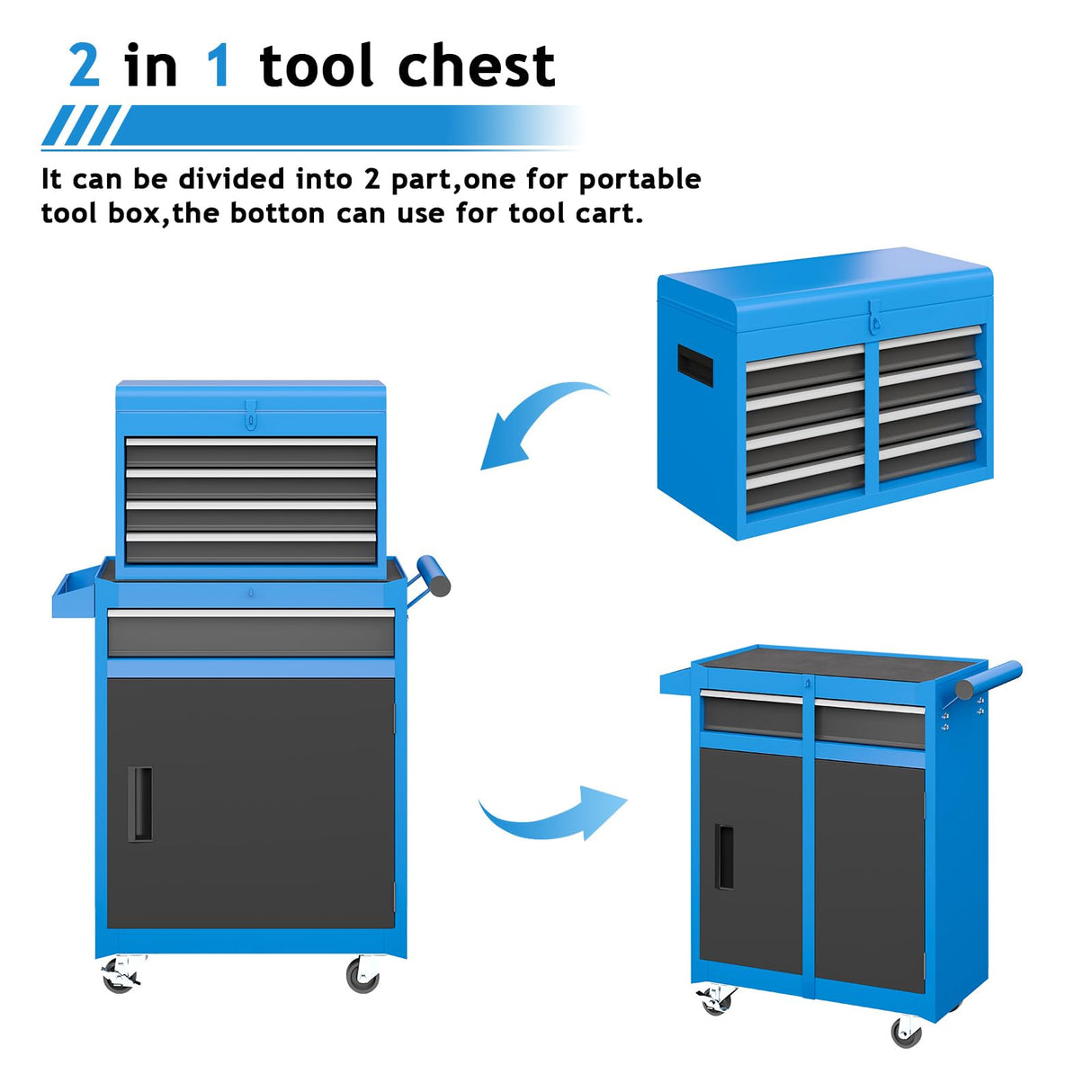 AirWire Tool Chest, 5-Drawer Rolling Tool Storage Cabinet with Detachable Top Tool Box, Enhanced Packaging, Metal Tool Cart for Garage Workshop, Blue AirWire