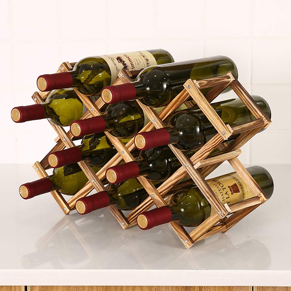 Ferfil Wine Rack, Wood Wine Storage Racks Countertop, 10 Bottle Wooden Stackable Wine Cellar Racks, Foldable Tabletop Free Standing Wine Bottle Stand - WoodArtSupply