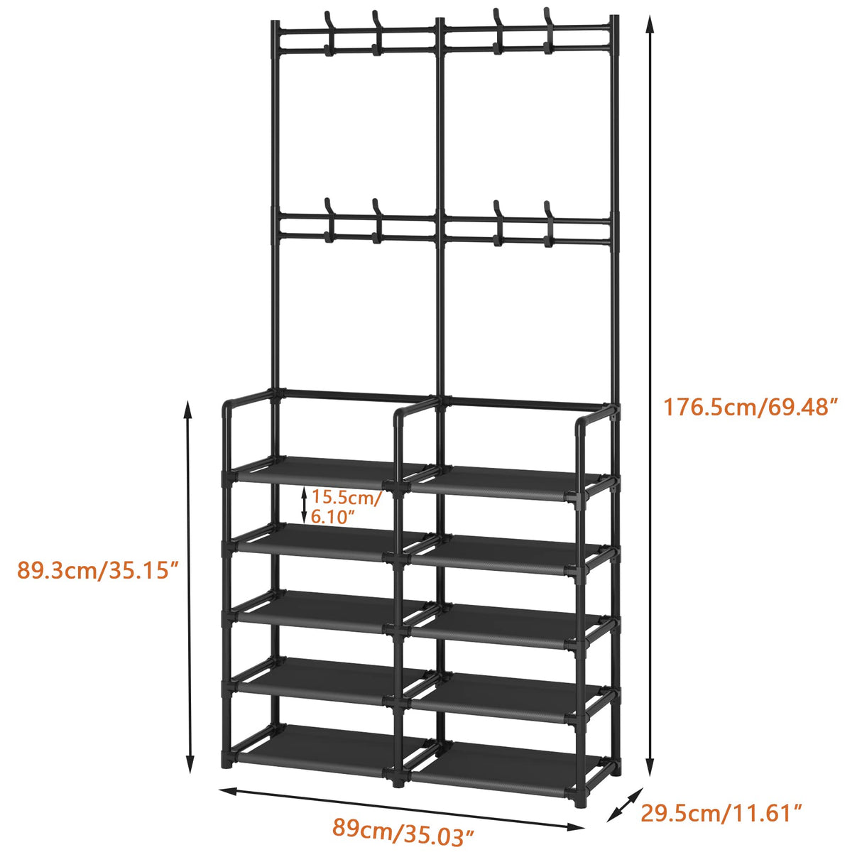 Laiensia 5-Tier Entryway Coat Rack, Coat and Shoe Rack, Entryway Bench Storage Organizer with 8 Hooks for Bedroom, Hallway, Office, Black Laiensia