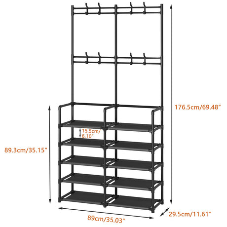 Laiensia 5-Tier Entryway Coat Rack, Coat and Shoe Rack, Entryway Bench Storage Organizer with 8 Hooks for Bedroom, Hallway, Office, Black Laiensia