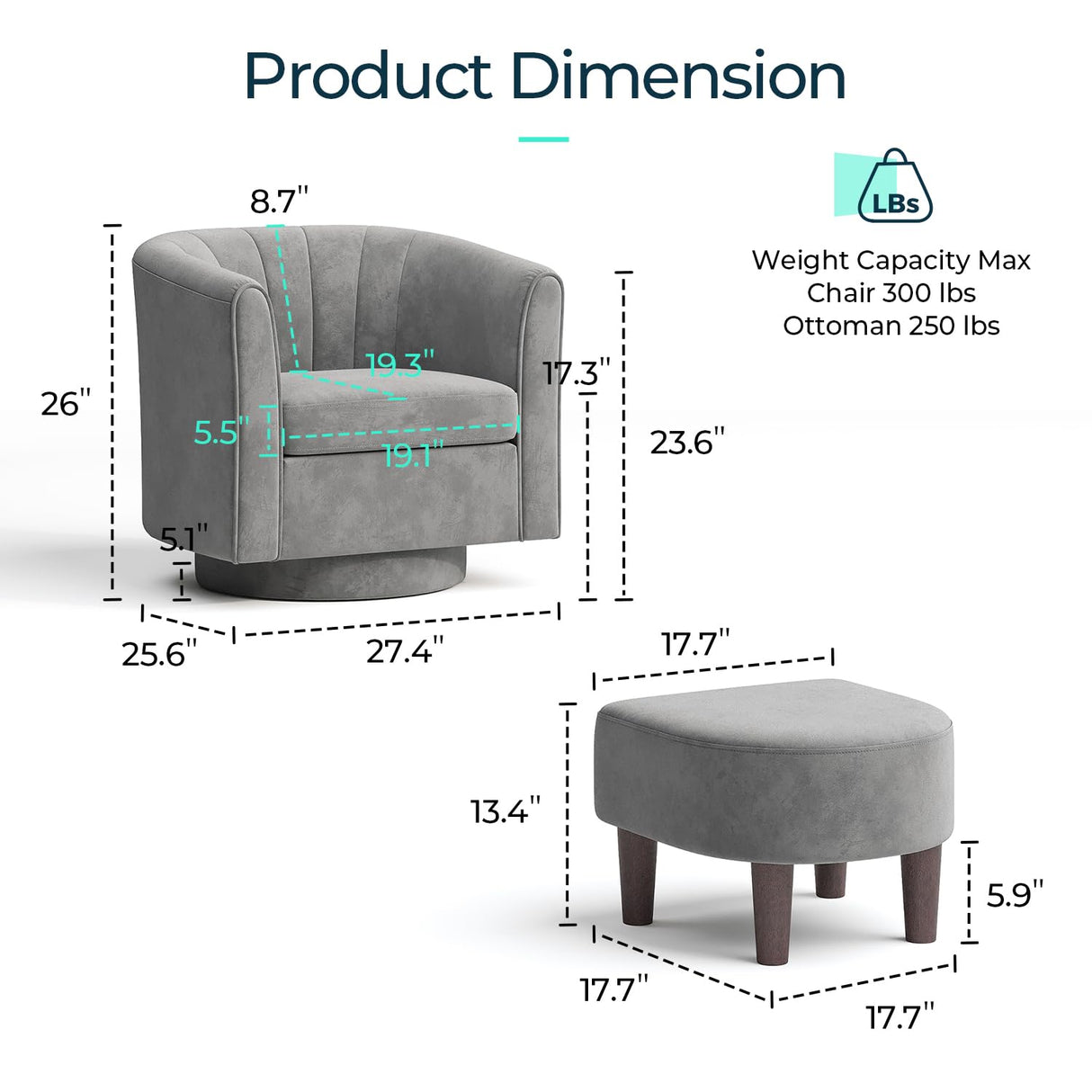 LINSY Swivel Accent Chair Ottoman Set: Velvet Small Barrel Chair with Foot Rest, Modern Reading Chair Upholstered Armchair with Footrest for Living Room Bedroom Study Room Office, Grey LINSY