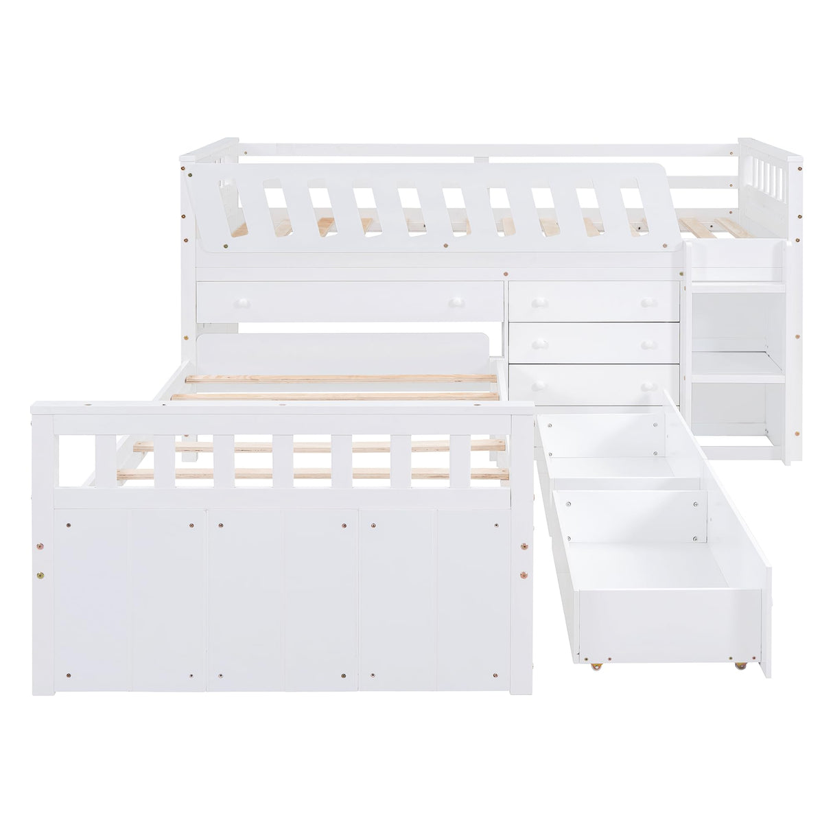 MERITLINE Twin Size Low Loft Bed and Twin Platform Bed Set, Solid Wood L-Shaped Kids Beds Frame with 7 Storage Drawers and Full Guardrails, Space-Saving 2 Beds for Girls Boys,White MERITLINE