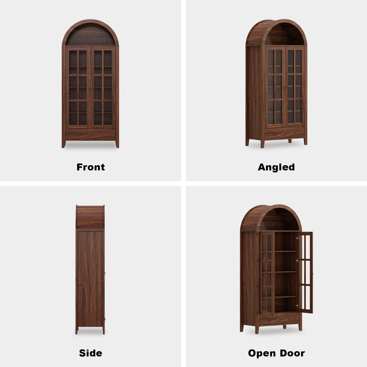 71" Tall Arched Cabinet, Modern Farmhouse Wooden Display Cabinet with Drawer and Glass Doors, 6 Tier Bookshelf w/Adjustable Shelves for Living Room, Office, Walnut WINWY