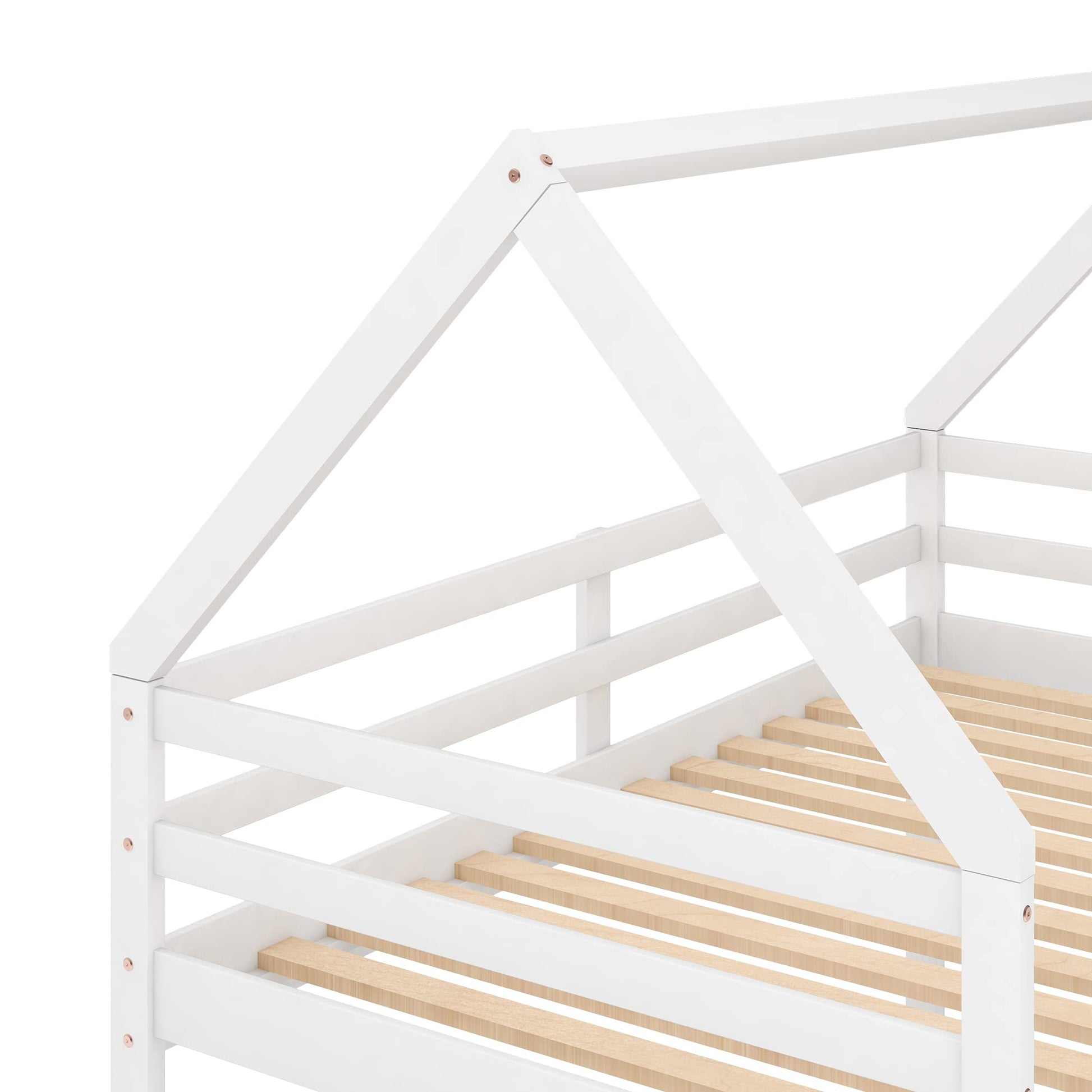 LOSTCAT House-Shaped Twin Over Twin Low Bunk Bed Frame in White – Solid Pine Wood with Safety Guardrail & Ladder - WoodArtSupply