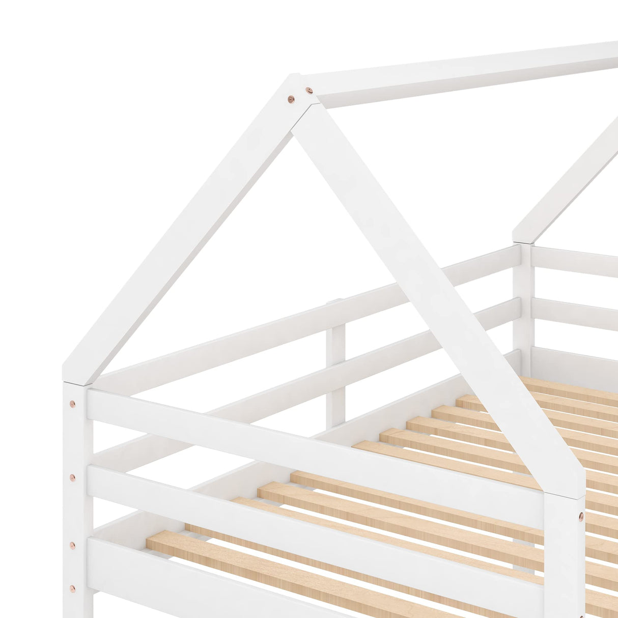Bellemave Low Twin Over Twin House Bunk Bed for Kids - Solid White Wood with Ladder and Guardrails Bellemave