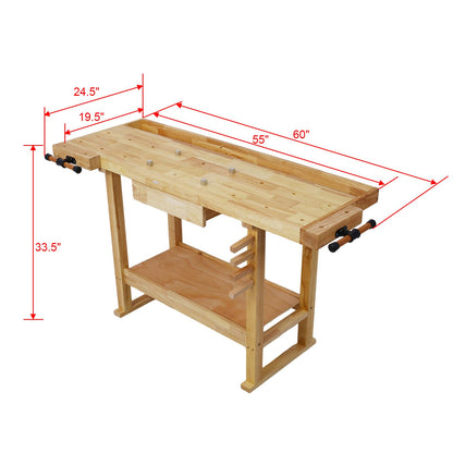 Halofe 55" Wooden Workbench, Woodworking Station with Adjustable Handle, 2 Vises, Drawers, Shelves, Heavy Duty Wooden Work Table 330 lbs Weight Capacity, Storage Work Bench for Garage Workshop Home