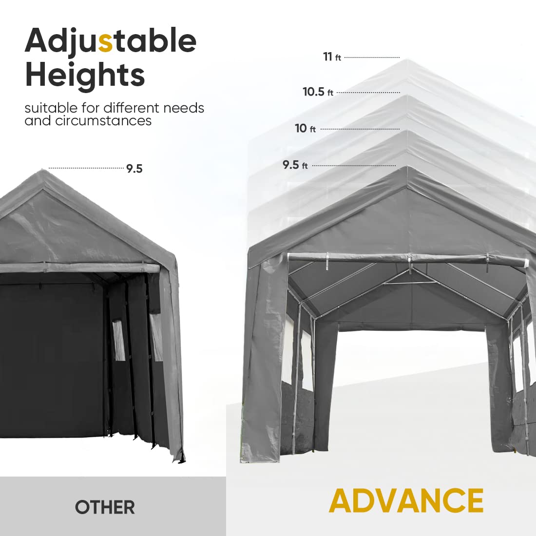 ADVANCE OUTDOOR 10x20 ft Heavy Duty Carports with 6 Roll-up Ventilated Windows & Removable Sidewalls Car Canopy Garage Boat Shelter Party Tent, Adjustable Peak Height from 9.5ft to 11ft, Gray ADVANCE OUTDOOR
