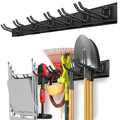 PIYILO Garage Organization, Garage Wall Organizer with 48 inches Rails and 6 Hooks, Tool Organizers Heavy Duty, Shovel Holder Wall Mount Max Load 360 LBS, Sturdy Garden Tool Rack for Folding Chairs