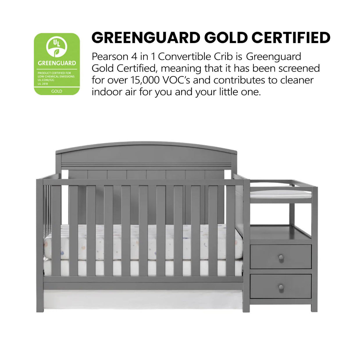 Oxford Baby Pearson 4-in-1 Convertible Crib & Changing Station, Dove Gray, GreenGuard Gold Certified Oxford Baby