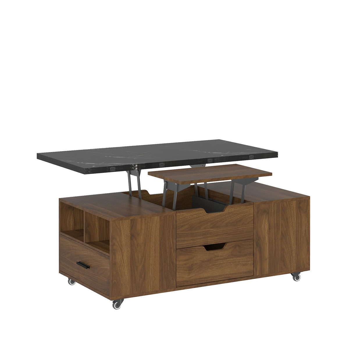 TRJQBCC 45" Lift Top Coffee Table, Modern Coffee Table with 2 Stools Set, Space Saving Center Table Folding Dining Table with 2 Drawers & Expandable Hidden Storage for Living Room, Office (Wood) TRJQBCC