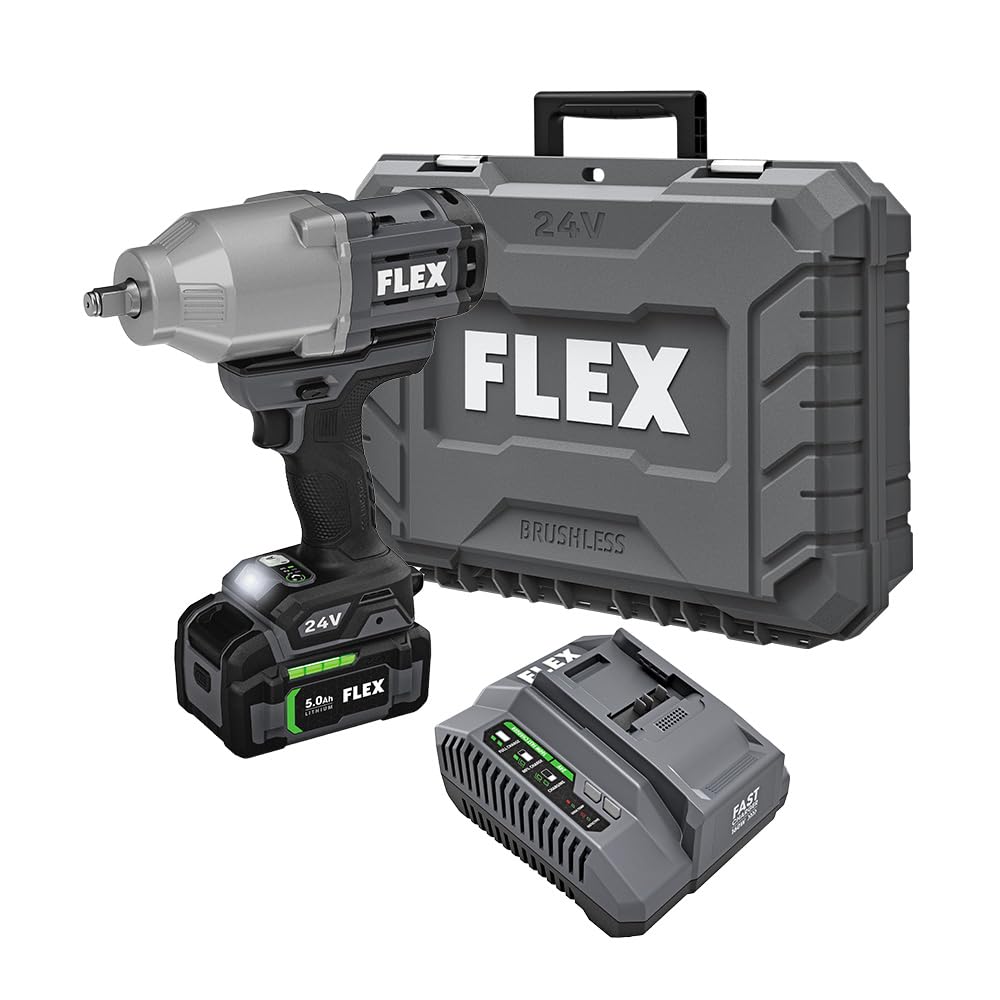 FLEX 24V Brushless Cordless 1/2-Inch 1,150 Ft-Lbs High Torque Impact Wrench Kit with 5.0Ah Lithium Battery and 160W Fast Charger - FX1471-1C FLEX
