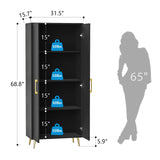NOVAMAISON 69” Tall Storage Cabinet - Black Storage Cabinet w/ 2 Doors and Adjustable Shelves, Freestanding Kitchen Pantry w/Gold Handles and Legs, Wooden Wardrobe Cabinet for Bedroom, Laundry NOVAMAISON