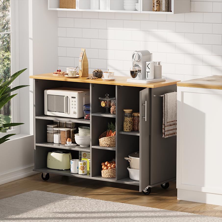 SUNLEI Kitchen Island on Wheels with Storage Cabinet & Drawer, 47.2" Large Kitchen Cabinet with Open Shelves, Cart Handle for Towel Rack or Free Mobility, Portable Islands for Kitchen(Grey) SUNLEI