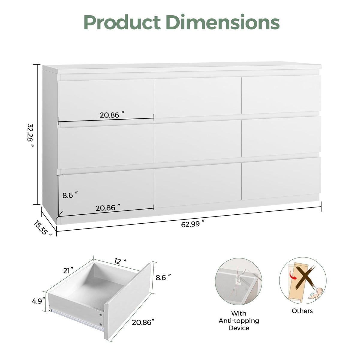Jocoevol Modern White 9 Drawer Dresser for Bedroom, Simply Chest of Drawers, Wood Storage Dresser with Deep Drawers for Living Room Hallway Entryway, White Jocoevol