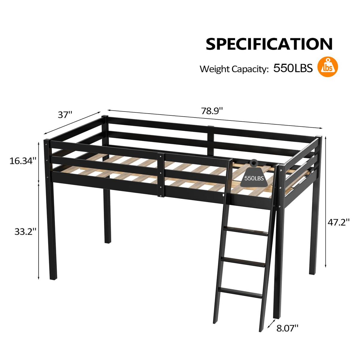 Bonnlo Low Loft Bed Twin Size with Inclined Stairs, Junior Loft Bed with High Guard Rail for Kids/Young Teens/Adults, Solid Wood Low Bunk Bed Twin Size Black, No Box Spring Required Bonnlo