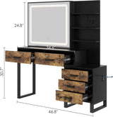 Makeup Vanity Desk with Sliding Mirror and Lights, Large Dressing Table with Charging Station, 3 Lighting Modes, 5 Large Drawers and 3 Tiers of Open Shelves for Bedroom, Dark Brown GarveeHome