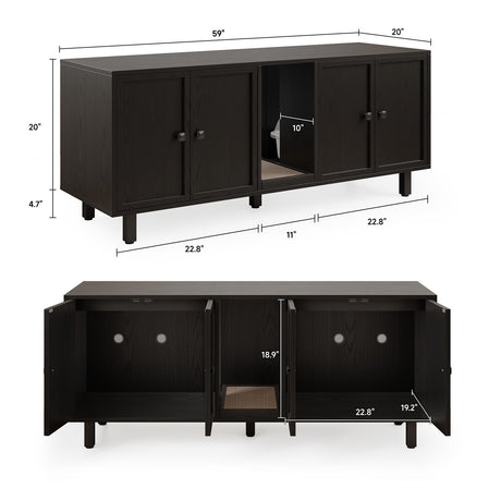 ONBRILL 59 Inches Cat Litter Box Enclosure for 2 Cats, Hidden Litter Boxes Furniture with Cat Scratch Pad, Large Indoor Pet House with Double Room, Wooden TV Stand Side Table, Black ONBRILL