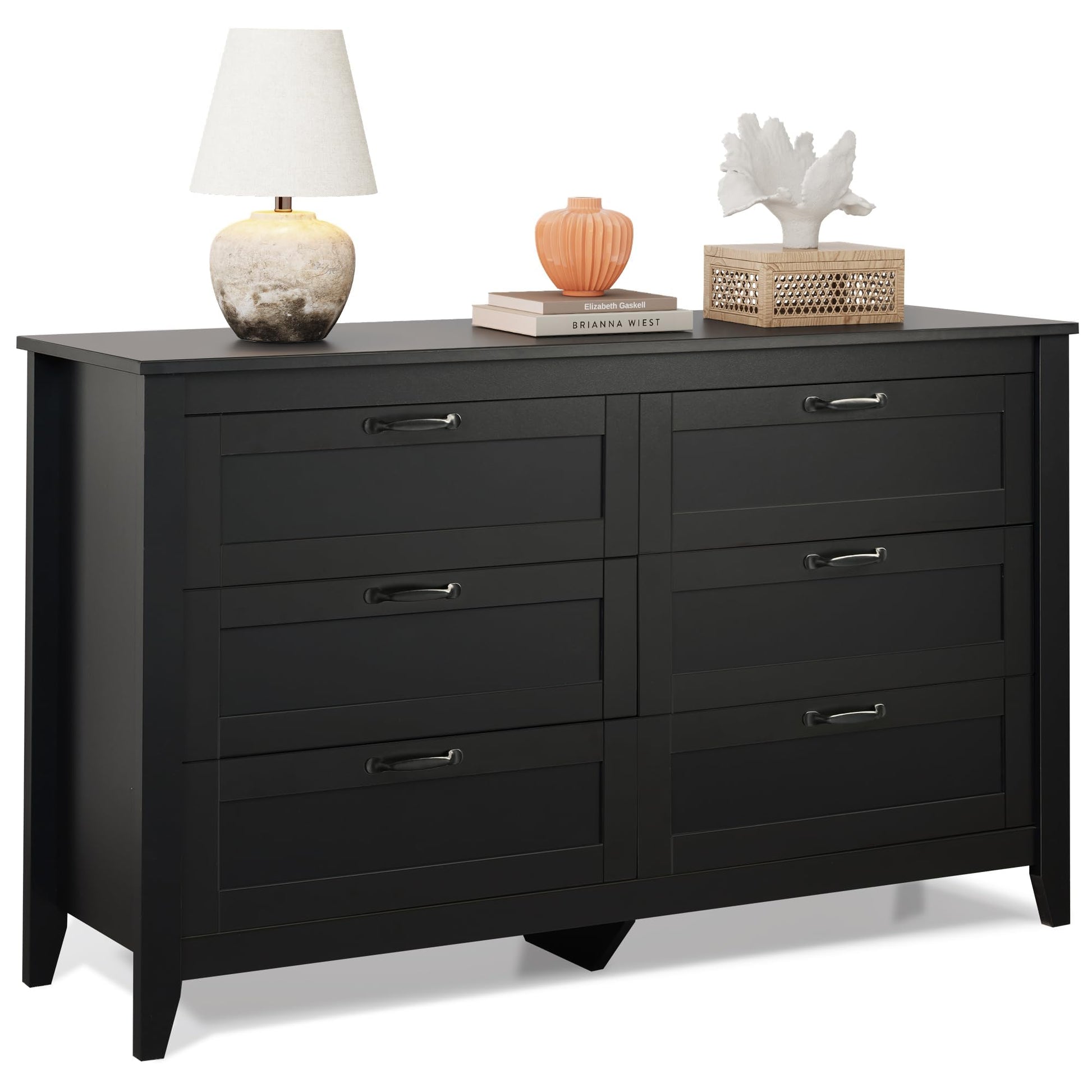 WLIVE 6 Drawer Dresser, Retro Chest of Drawers with Metal Handle, Double Wood Dresser for Bedroom, Living Room, Large Storage Cabinet, Black - WoodArtSupply