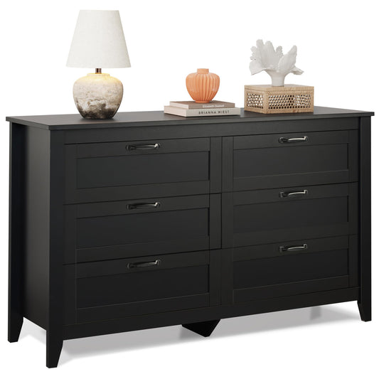 WLIVE 6 Drawer Dresser, Retro Chest of Drawers with Metal Handle, Double Wood Dresser for Bedroom, Living Room, Large Storage Cabinet, Black - WoodArtSupply