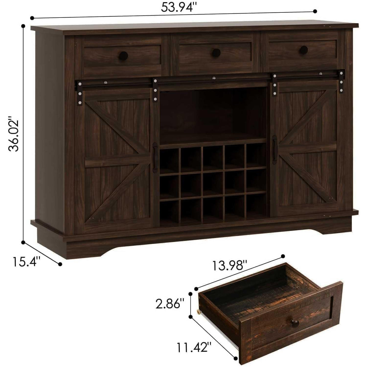 4ever2buy Farmhouse Coffee Bar Cabinet with Sliding Barn Door, Wine Bar Cabinet with Storage, 54 Inch Coffee Bar with 3 Drawers & 15 Racks, Buffet Cabinet for Living Dining Room, Kitchen, Dark Oak 4ever2buy
