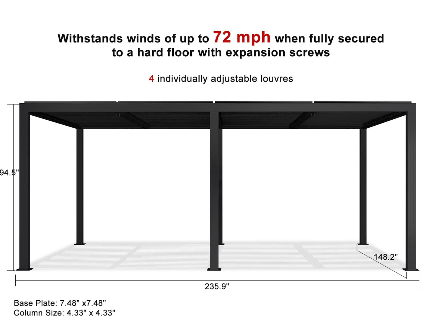 PURPLE LEAF Louvered Pergola 12' x 20' Outdoor Aluminum Pergola with Roller Shade Adjustable Roof for Deck Backyard Grey Hardtop Gazebo, 1 Long Side and 2 Short Sides - WoodArtSupply