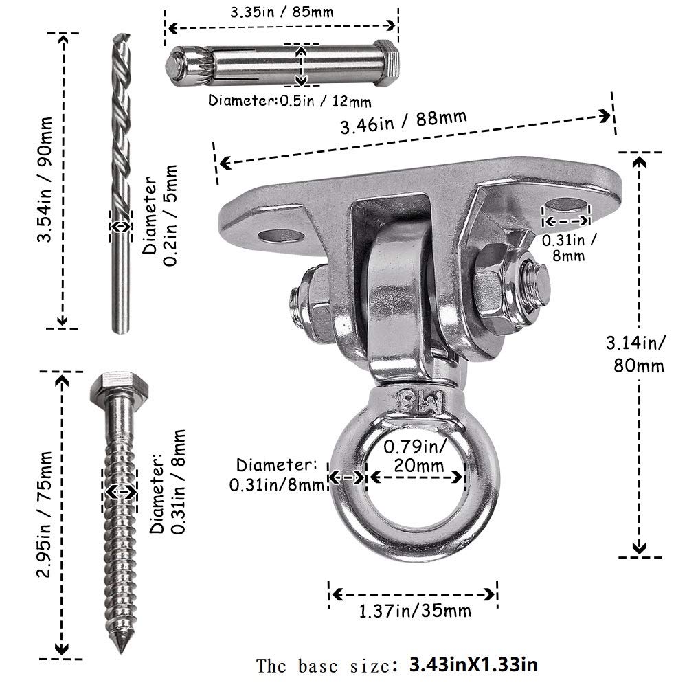 Dakzhou Stainless Steel 304 Heavy Duty Hanger 180°360° Swing 1200 LB Mounting auger Installation Guide Playground Porch swing Sandbag Yoga hammock stand Wooden indoor-outdoor - WoodArtSupply