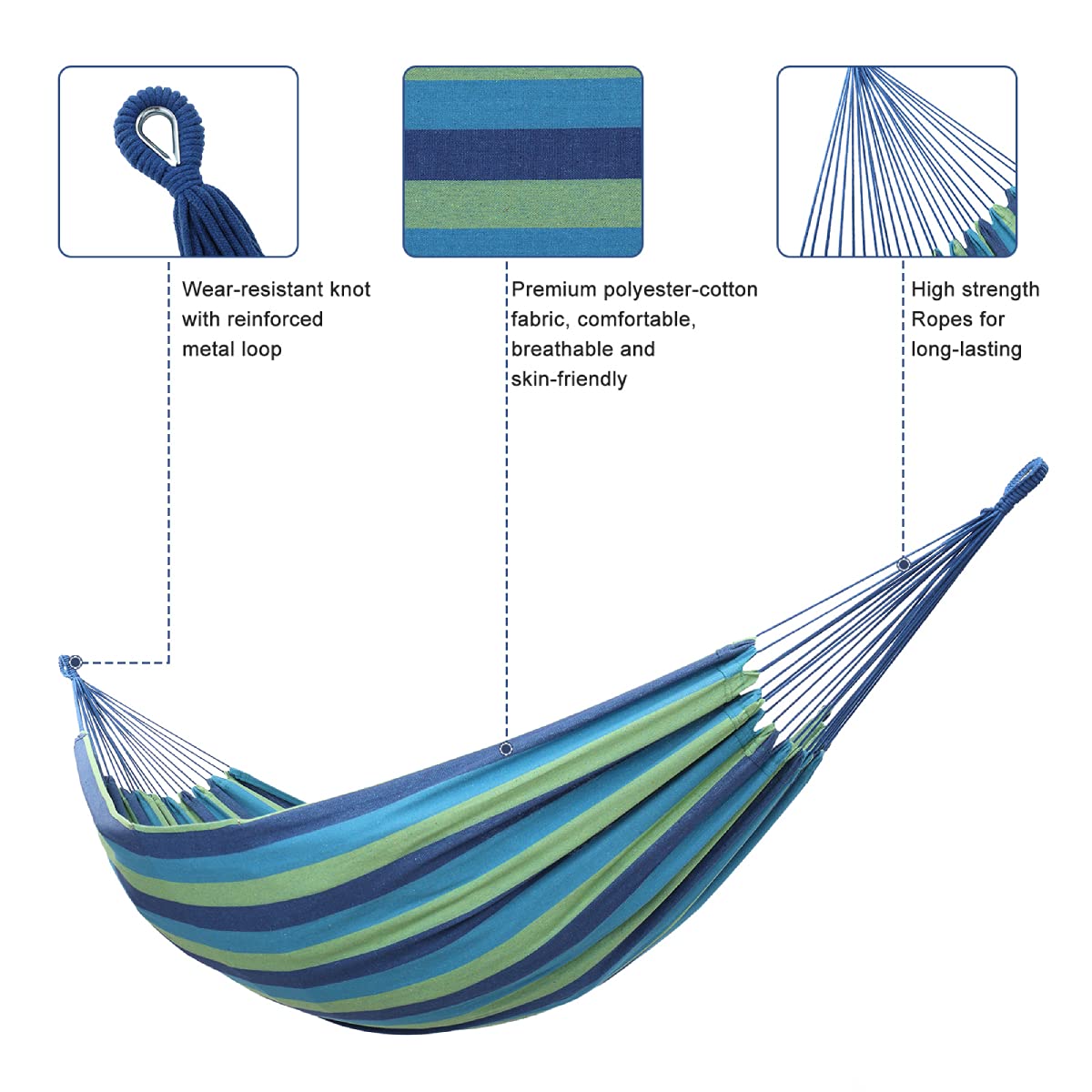 ONCLOUD Extra Long and Wide Double Hammock for Travel Camping Backyard, Porch, Outdoor or Indoor Use, Carrying Pouch Included (Blue/Green Stripes) ONCLOUD