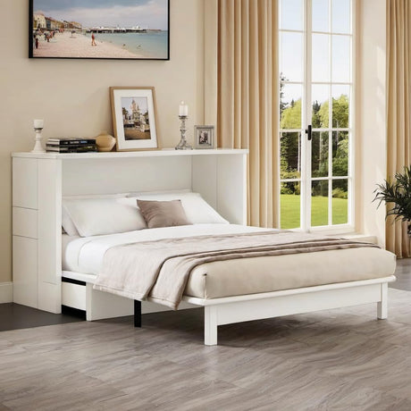 PVWIIK Queen Size Murphy Bed with Large Storage Drawer for Guest Room Home Office, Wood Platform Bed Frame w/USB Ports & Charging Station,White PVWIIK