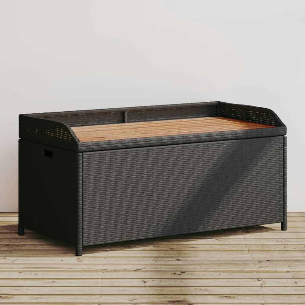 vidaXL Outdoor Storage Bench - Black Poly Rattan & Acacia Wood with Water- Storage Bag, 39.4"x19.7"x20.5" vidaXL