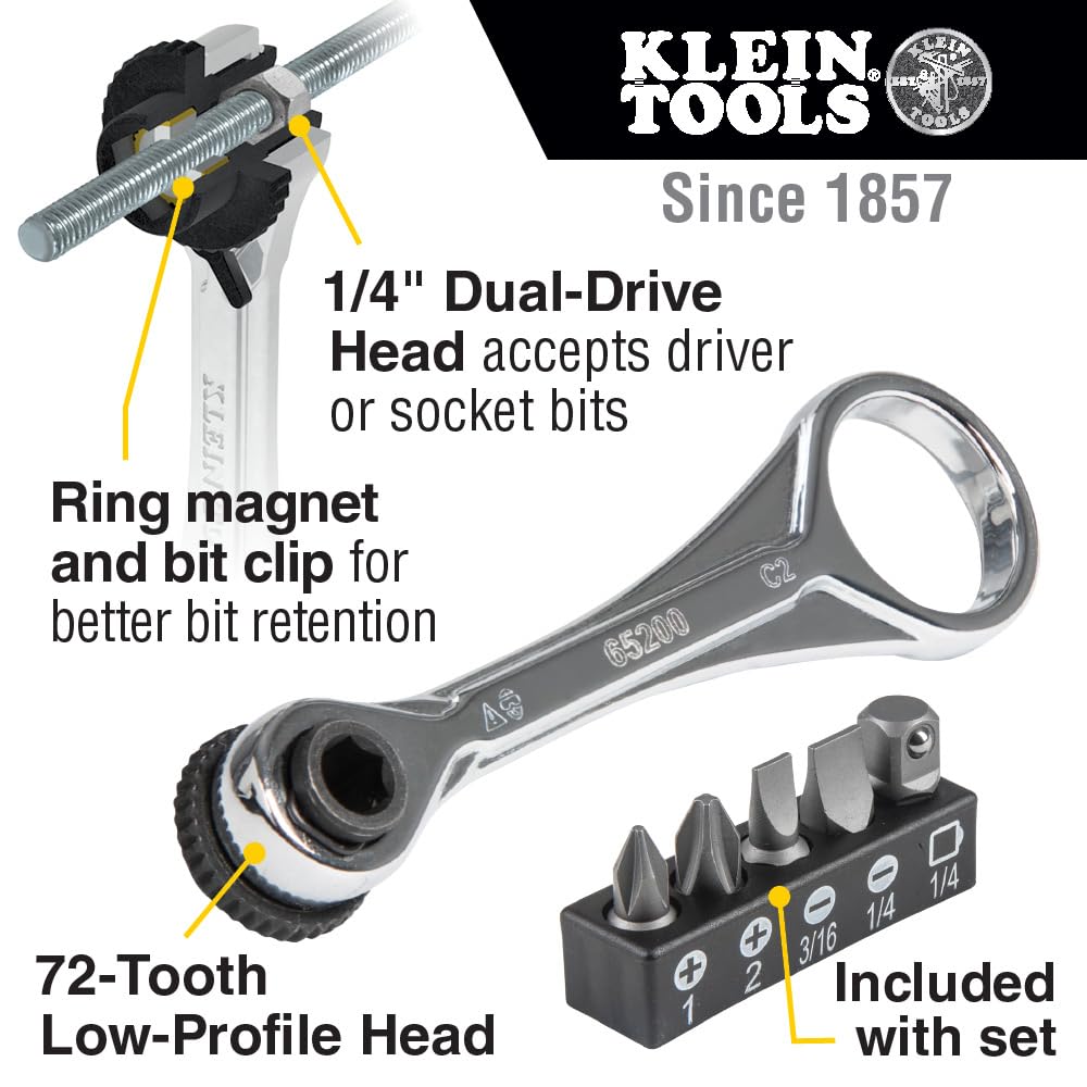 Klein Tools 65200 Ratchet Set, 5-Piece Mini Ratchet Set with Phillips, Slotted, and Adapter for Other Socket Sizes, For Tight Spaces Klein Tools