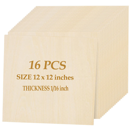 16 Pack Basswood Sheets for Crafts - 12 x 12 x 1/16 Inch - 1.5mm Thick Large Plywood Sheets Unfinished Bass Wood Boards for Laser Cutting, Wood Burning, Architectural Models, Staining - WoodArtSupply