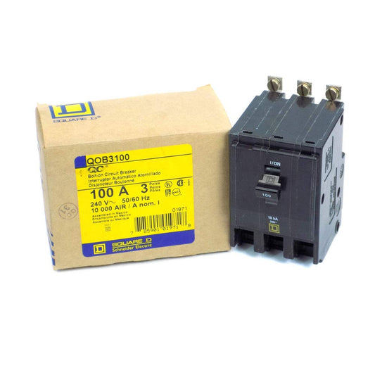 Square D QOB3100 Circuit Breaker (QOB) Standard, 100A, 3-Pole, 240 Vac, 3-Phase, Bolt-On, Black