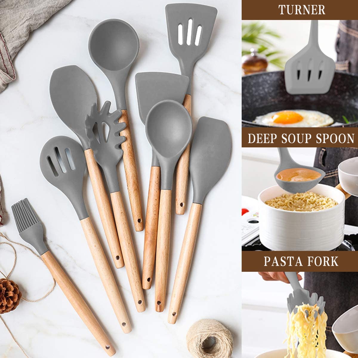 Umite Chef Kitchen Cooking Utensils Set, 33 pcs Non-stick Silicone Utensils Spatula Set with Holder, Wooden Handle Heat Resistant Silicone Kitchen Gadgets Utensil Set (Gray) Umite Chef