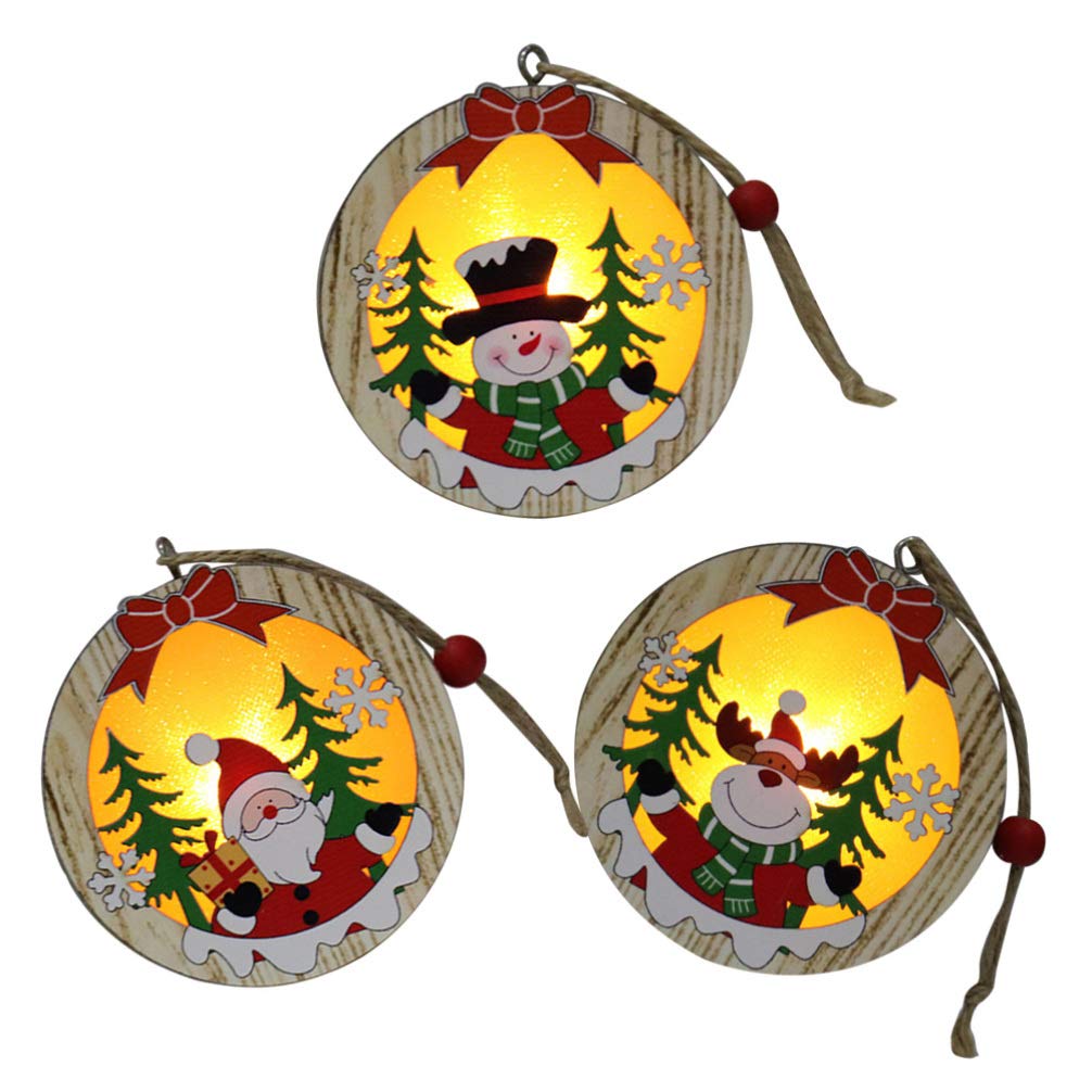 Amosfun 3pcs LED Light Up Christmas Wooden Ornaments Wood Round Shapes with Reindeer Snowman Santa Claus Pattern Hanging Christmas Tree Decoration Christmas Night Lights Amosfun