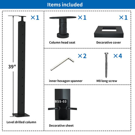 LANGLIER 1 PC Cable Railing Post 36"x2"x2"（Square Column 33"） Stainless Steel Black Finish, for Stairs and Deck handrails，can be Installed on Wood or Concrete Floor. (Corner Post, Black) LANGLIER