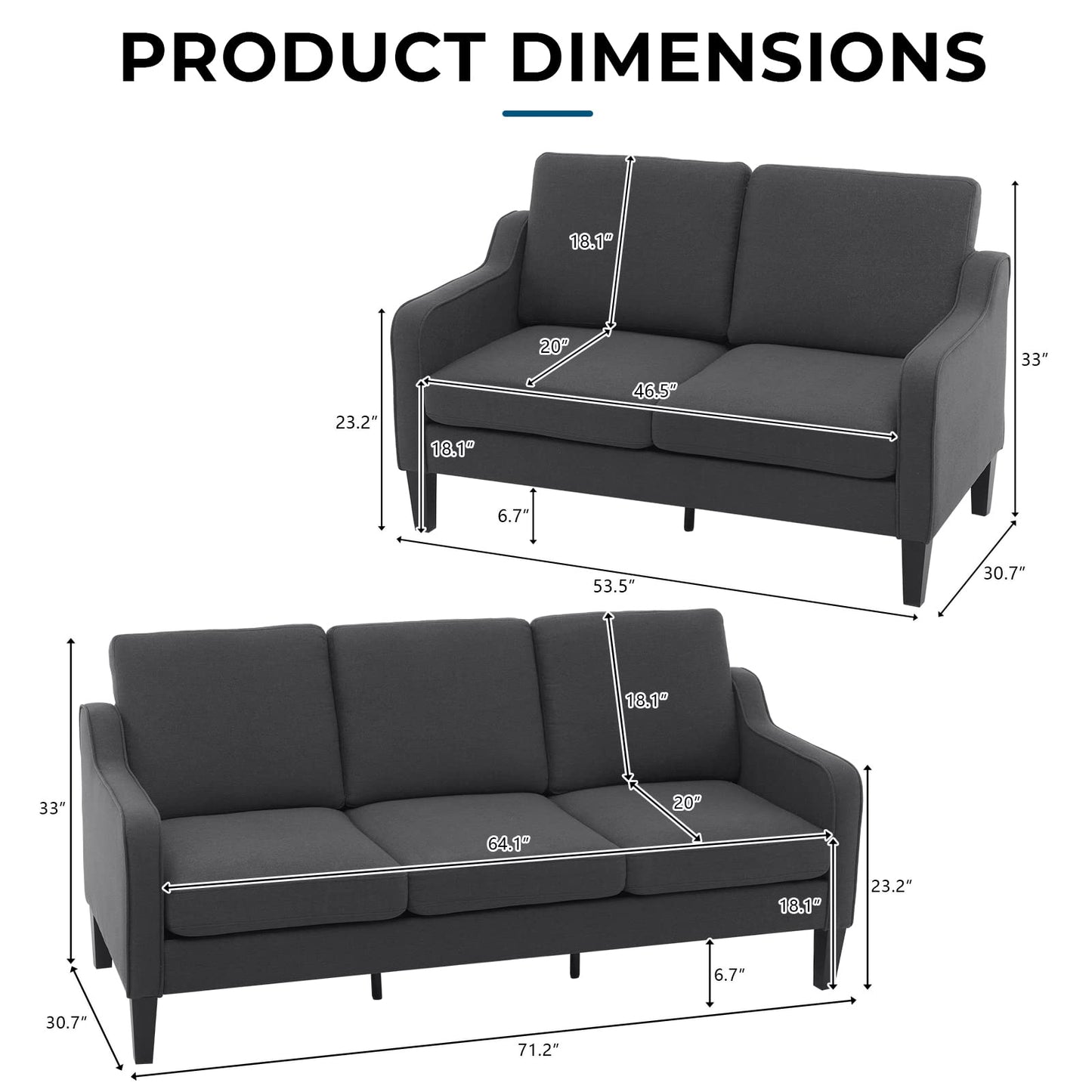 VINGLI Mid-Century Modern Grey Loveseat and Sofa Set,53" Small Love Seat+71" Sofa Couch for Living Room,Bedroom,Apartment(Grey)