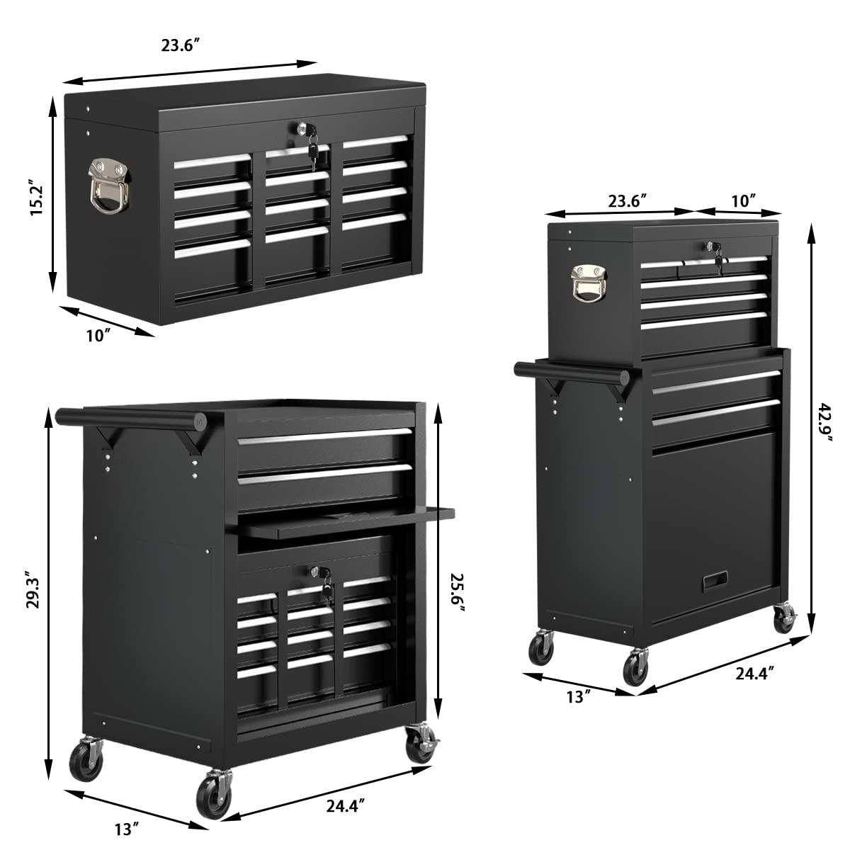 Granper High Capacity 8-Drawer Tool Chest, Tool Box with Wheels, Movable Rolling Tool Chest, Tool Chest with Wheels, Heavy Duty Tool Cabinet for Workshop, Garage and Repair Room(Cool Black) Granper