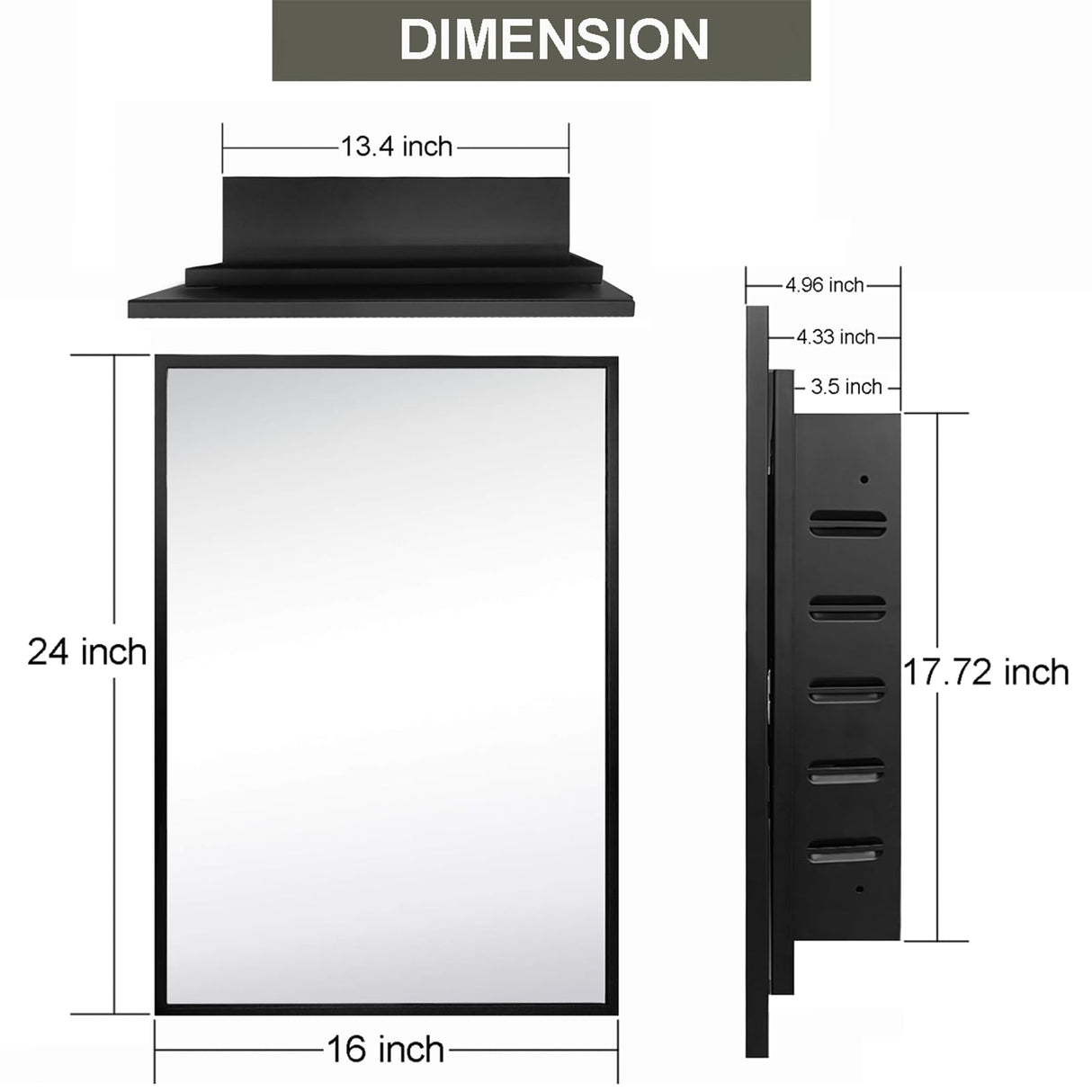 KIMREAL Recessed Medicine Cabinets with Mirror, Black Bathroom Mirror with Storage, Rectangle Medicine Cabinet Vanity Mirrors, Antirust Metal Framed Wall Mirror Recessed or Surface Mount, 16x24 Inch KIMREAL