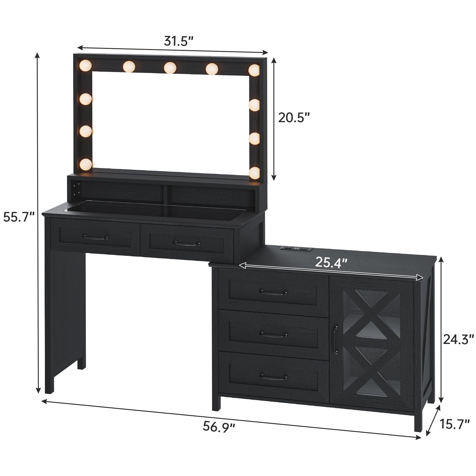 HAUOMS Farmhouse Vanity Makeup Desk with Mirror,Power Outlet and 11 Light Bulbs, Large Vanity Desk with Dersser,Makeup Table with Big Glass Desktop,5 - WoodArtSupply